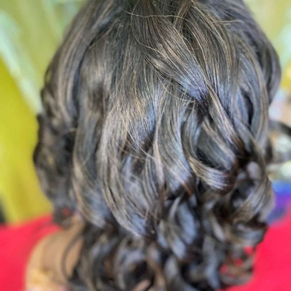 prestyled jet black lace front wig with highlights
